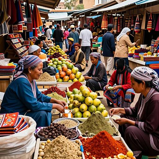 Vibrant photograph of bustling outdoor market; three women in traditional attire sit among colorful fruits, spices, and goods, engaging with customers.