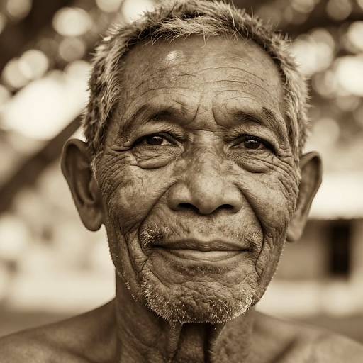 Sepia-toned photograph of an elderly, weathered man with short, graying hair, wrinkled face, and a gentle smile, set against
