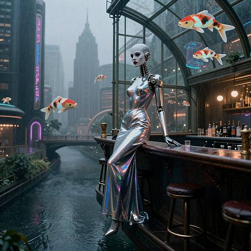 Neon Noir Vaudeville Android In Greenhouse