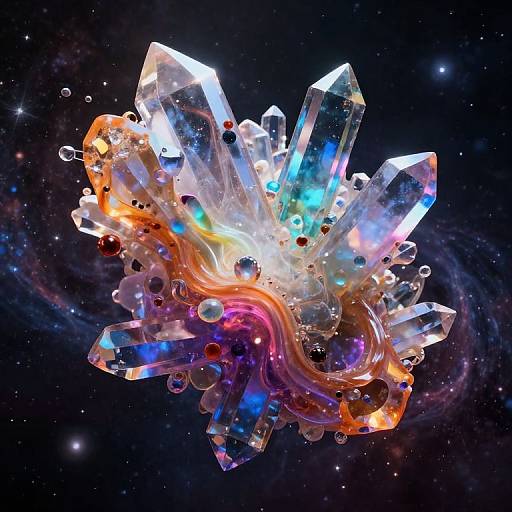 Glowing, crystal-like structure with vibrant colors and reflections floating in a cosmic, star-filled space, surrounded by bubbles. Digital art.