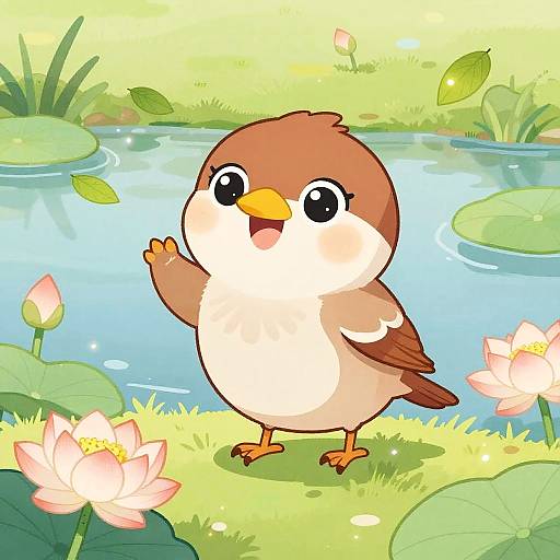 Cute, cartoon-style brown and white bird with big eyes, yellow beak, and small wings waves by a sunny, lily-pad-filled pond