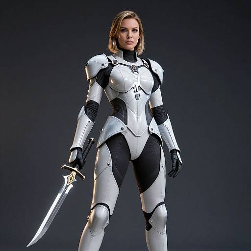 CGI image of a blonde woman in white and black futuristic armor holding a glowing sword, standing against a dark gradient background.