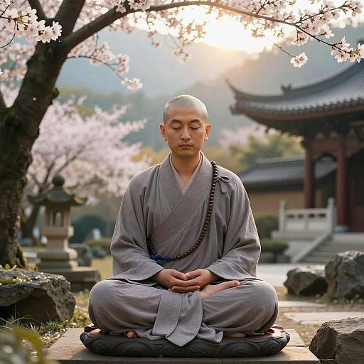 Photograph of a bald, serene Asian monk in gray robe, meditating cross-legged under cherry blossoms with a traditional temple in background. Sunlight