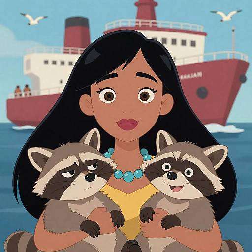 Vibrant Animated Character with Raccoons