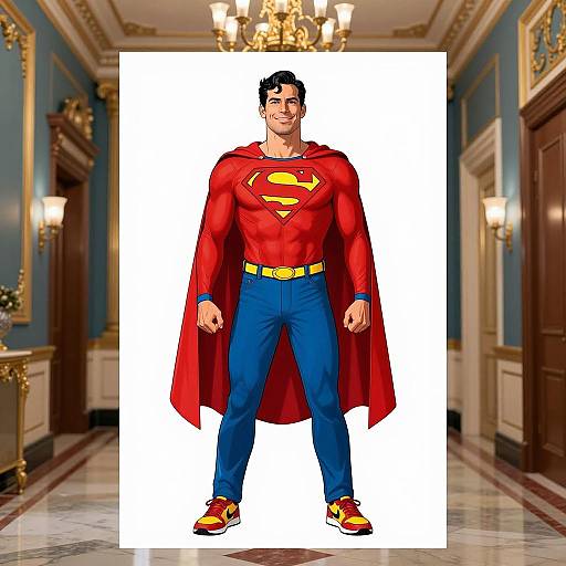 Man in Casual Superman Costume Standing in Ornate Hallway
