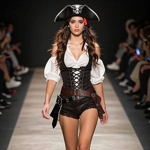 Photograph of a model on a runway, wearing a pirate costume with a black tricorn hat, white shirt, black corset, and shorts,