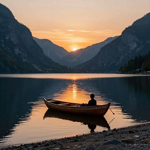 Silhouetted person in ornate canoe on calm lake, reflecting sunset over mountainous landscape; tranquil, golden-orange sky with darkening peaks.