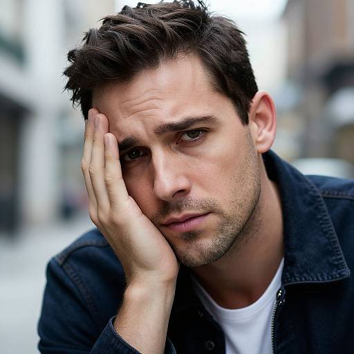 Photograph of a pensive, dark-haired man with light skin, wearing a black denim jacket over a white shirt, resting his hand on his forehead