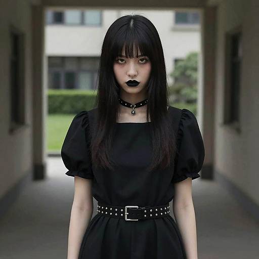 Photograph of a pale woman with long black hair, black lipstick, gothic dress, and choker, standing in a blurred hallway.