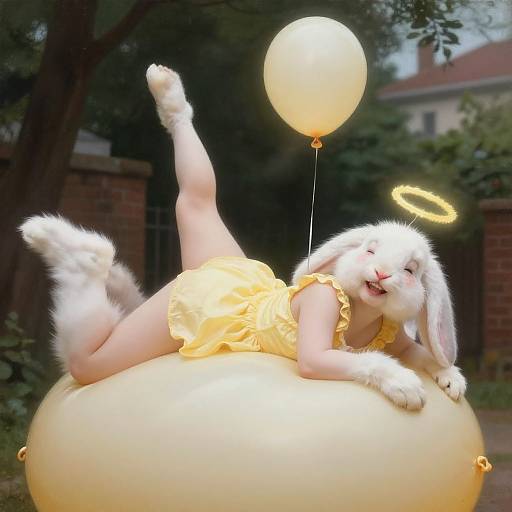 Digital art of a playful white bunny-girl with a halo, yellow dress, and fluffy tail, lying on a glowing balloon, holding a yellow balloon,