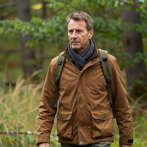 Middle-Aged Man Walking in Forest