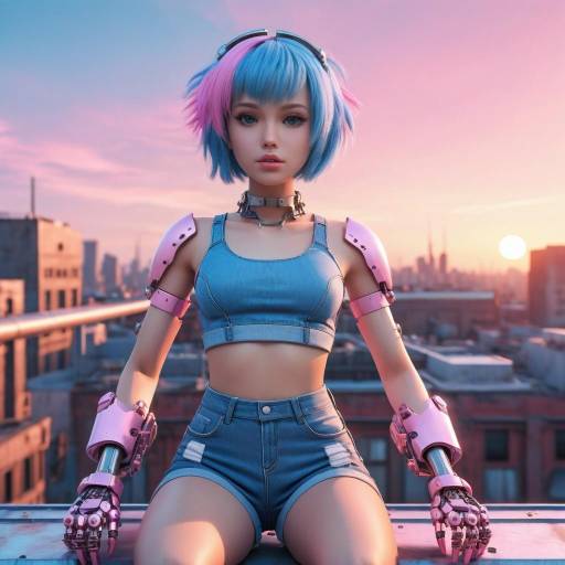 Futuristic Anime Woman with Cybernetic Arms on Rooftop