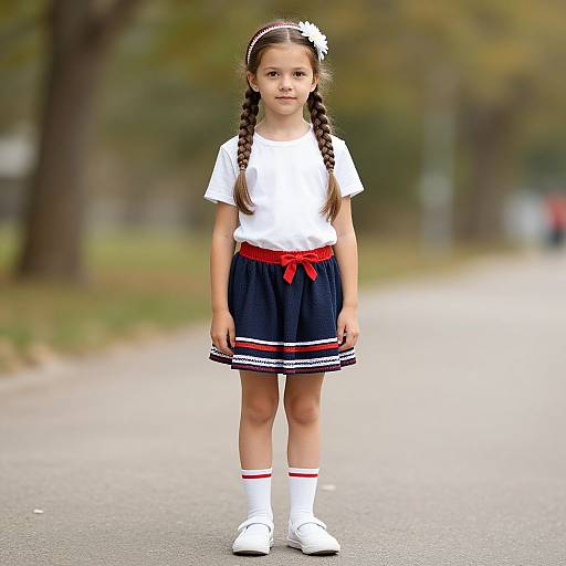 Photograph of a young girl with braided hair, wearing a white shirt, navy skirt with red bow, white socks, and white shoes, standing