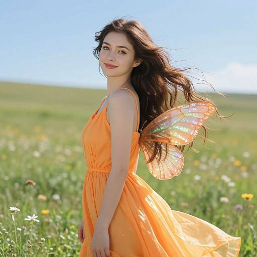 Photograph of a young woman with long brown hair, wearing an orange dress and colorful fairy wings, standing in a sunny meadow. Bright blue sky
