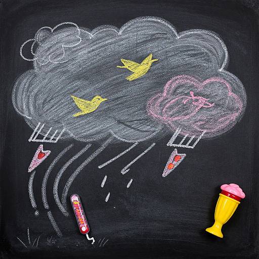 Chalk drawing of two yellow birds in stormy clouds with lightning, rain, and a yellow lightning bolt on blackboard.