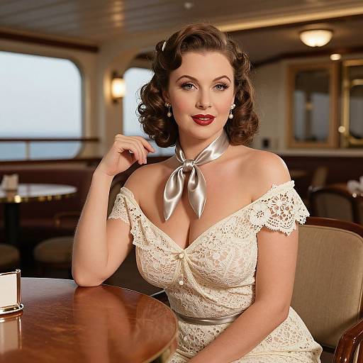 Vintage-style photograph of a fair-skinned woman with red lipstick, wearing a white lace off-shoulder dress and silver scarf, seated at a wooden