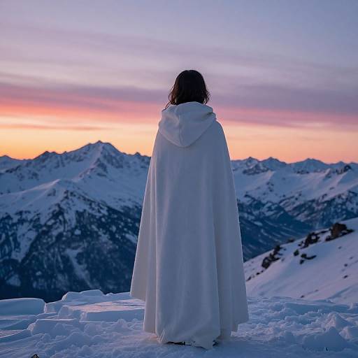 Photograph of a person in a white cloak standing on snowy mountains, back to camera, watching a colorful sunset over distant peaks.