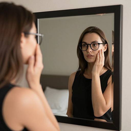 Photograph of a young woman with brown hair and black-rimmed glasses, wearing a black sleeveless top, touching her cheek as she looks at