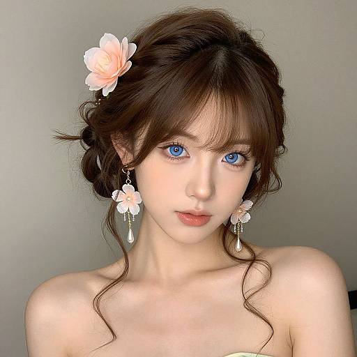 Photograph of a fair-skinned woman with striking blue eyes, brown wavy hair adorned with a pink flower, and white flower earrings, against a