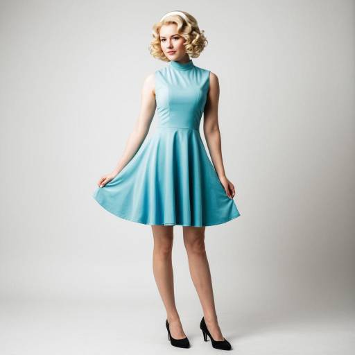 Woman in Retro Blue Dress and Curly Blonde Hair