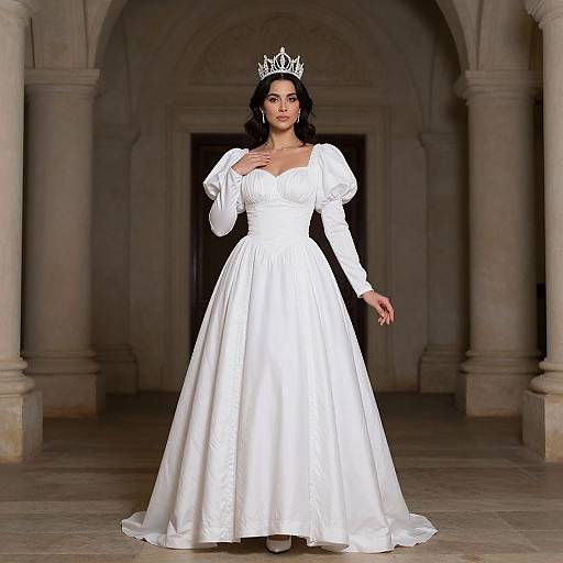 Photograph of a dark-haired woman in a white, long-sleeved, full-length satin gown and silver tiara, standing in a dimly