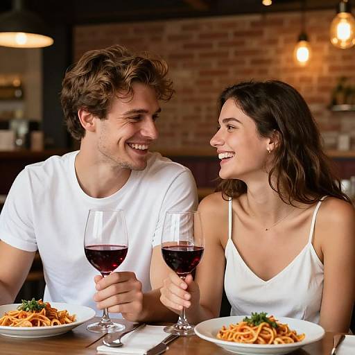 Photograph of a smiling young couple in white clothes, holding wine glasses, sitting at a restaurant table with pasta dishes.