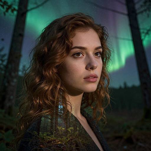 Photograph of a young woman with wavy brown hair, fair skin, and pink lips, gazing at the Northern Lights in a forest. Background