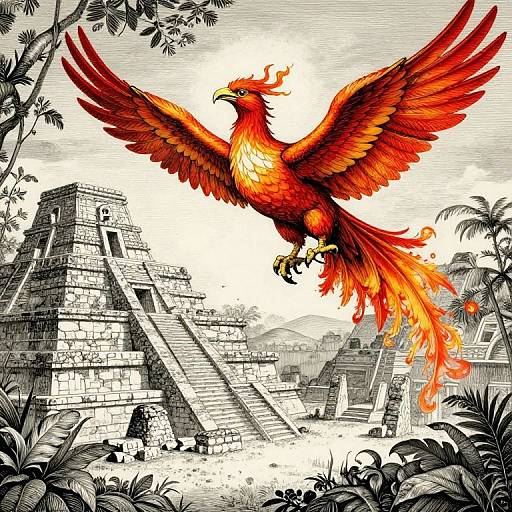 Vibrant red and orange phoenix with fiery tail hovers over ancient Mayan pyramid ruins, surrounded by tropical foliage, in detailed black-and-white digital