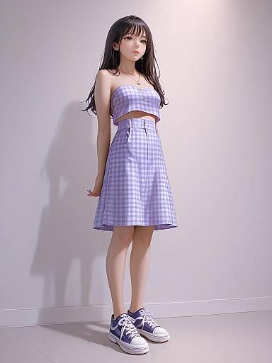 Photograph of an Asian woman with long black hair, wearing a blue checkered crop top and skirt, and navy sneakers, standing against a plain white