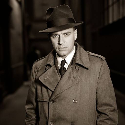 Black and white photograph of a serious-looking man in a trench coat and fedora, standing in a dimly lit alley.