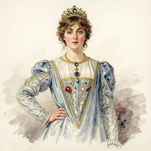 Watercolor drawing of a young woman in a blue, ornate gown with gold trim, red and blue jewels, and a gold crown, standing with