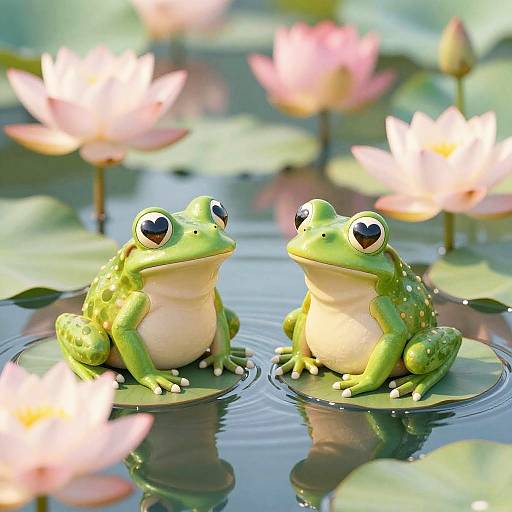 Photograph of two green frogs with large, round eyes sitting on lily pads in a serene pond with blooming pink water lilies in the background