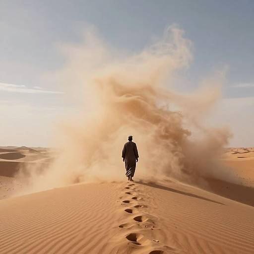 Silhouetted figure walking through desert sandstorm, leaving footprints in orange sand dunes under bright blue sky. Photorealistic photograph.