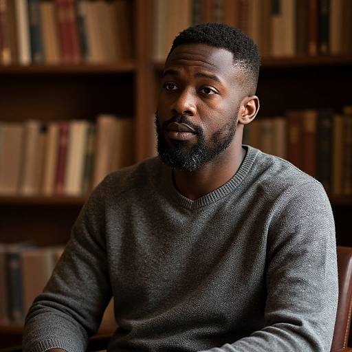 Photograph of a serious, bearded Black man with short curly hair, wearing a gray sweater, seated in a dimly lit library with wooden book