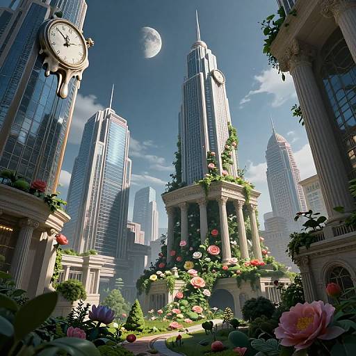 CGI fantasy scene: towering skyscrapers with clock and floral columns, surrounded by lush, colorful roses, under a bright moonlit sky.