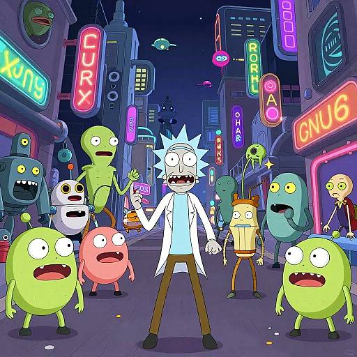 Cartoon-style digital art of a white-haired scientist in a lab coat, surrounded by colorful, alien-like creatures in a neon-lit, futuristic city