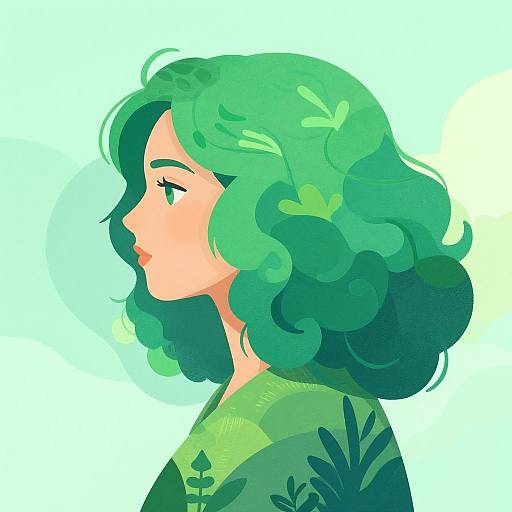 Digital illustration of a side-profile woman with wavy, green hair, green eyes, and a leaf-patterned green garment, against a light gradient background