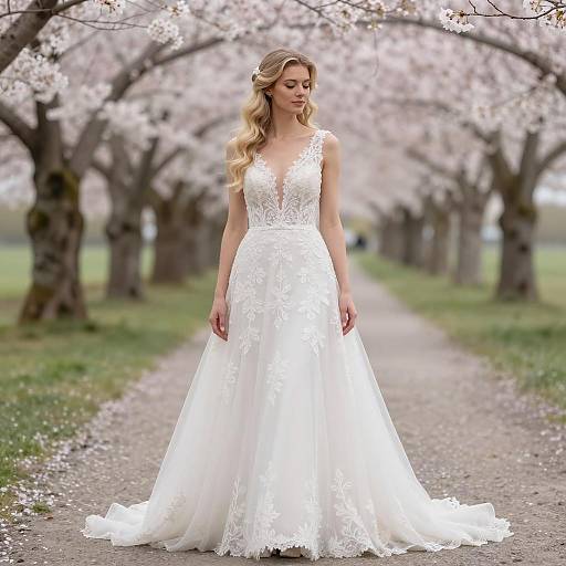 Bride Standing in Cherry Blossom Lane