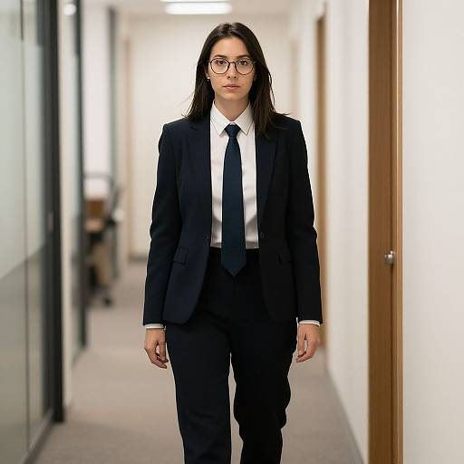 Photograph of a serious-looking woman with long dark hair, glasses, and black business suit, walking down a brightly lit hallway.