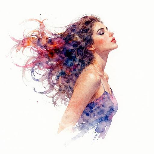 Watercolor painting of a serene woman with flowing, colorful hair in shades of purple, red, and blue, wearing a blue top, eyes closed,