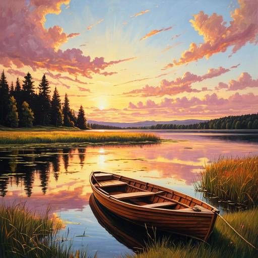 Serene Lakeside Sunset in Oil Painting Serene Lakeside Sunset in Oil Painting