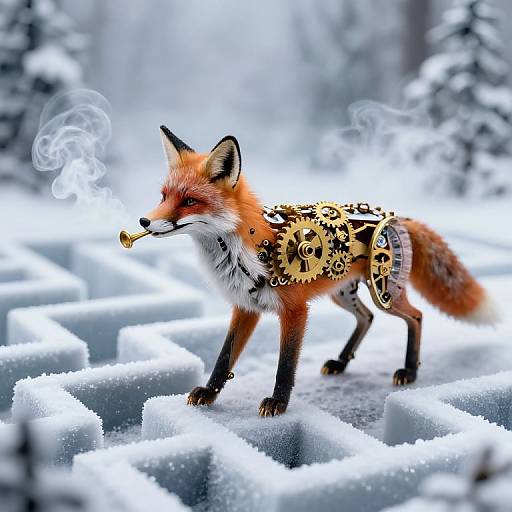 Digital artwork of a red fox standing in snowy landscape, wearing intricate gold mechanical armor, smoking a cigar, with wavy smoke.