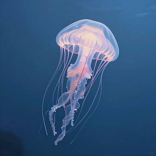 Photograph of a glowing, translucent jellyfish with long, flowing tentacles against a deep blue underwater background. The jellyfish emits a bright white light