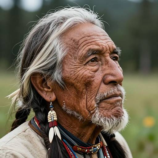 Photograph of an elderly Native American man with wrinkled, weathered skin, white-gray hair, and beard, wearing feathered earrings and traditional clothing