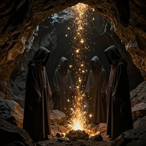 Photograph of three robed figures in a dark cave, facing a glowing fire with sparks, silhouetted against a starry night.