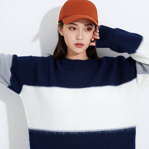 Photograph of an Asian woman with fair skin, dark hair, wearing an orange baseball cap, black and white striped sweater, and white sleeves, standing