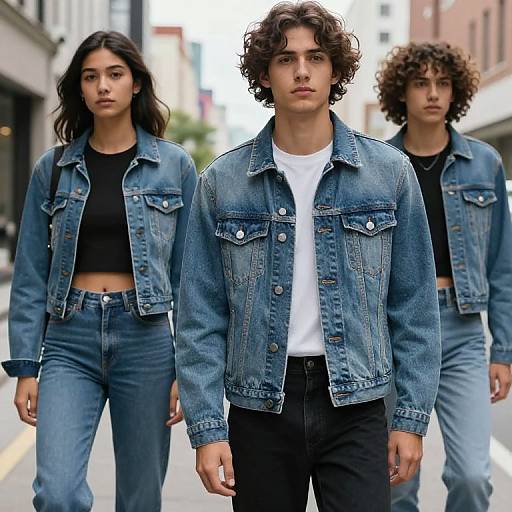 Photograph of three young people with curly and straight dark hair, wearing blue denim jackets and jeans, walking down an urban street.