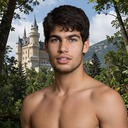 Photograph of a shirtless, handsome young man with dark hair and green eyes, standing in front of a castle amidst lush greenery.