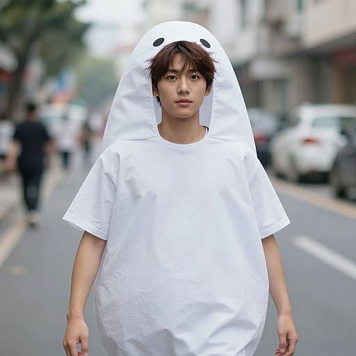 Photograph of a young Asian man with short brown hair, wearing a white, hooded, animal onesie costume, standing on a blurred city street