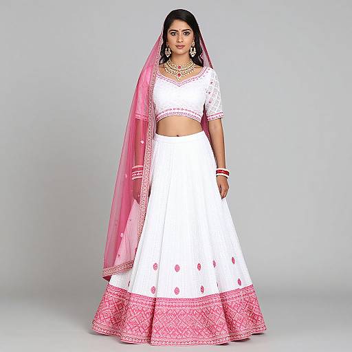 Photograph of a South Asian woman in a white traditional lehenga with pink embroidery, pink veil, and gold jewelry, standing against a plain gray background